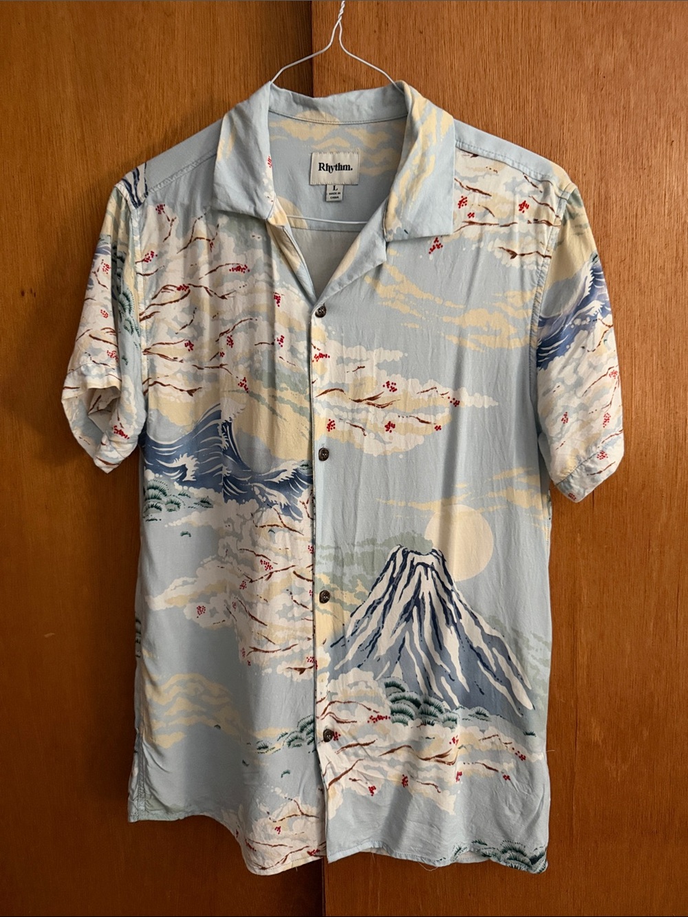 Rhythm. Light Blue Mountain & Wave Print Short-Sleeve Button Shirt